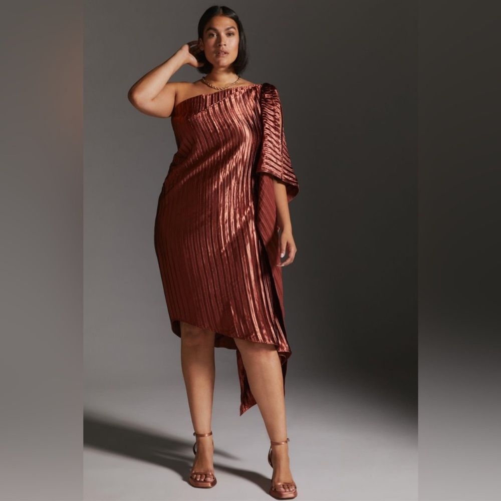NWT ❤️GUAPA ❤️GORGEOUS❤️ANTHROPOLOGY ❤️One-Shoulder Midi Dress 14P Copper - Picture 2 of 14